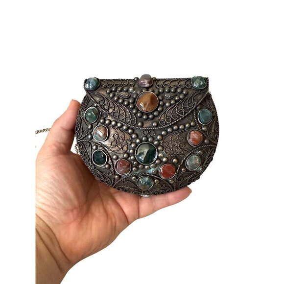 Vintage Sajai inlaid natural agate stones gems metal evening purse from India - Picture 8 of 12